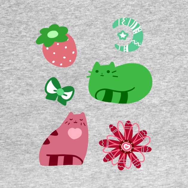 Green and Pink Strawberry Cats by saradaboru